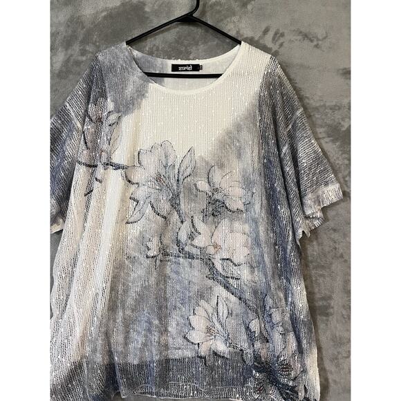 Zuriet Artsy Mesh Tunic Blouse Gray Blue White Womens S/M Attached Tank Cute - Picture 4 of 9